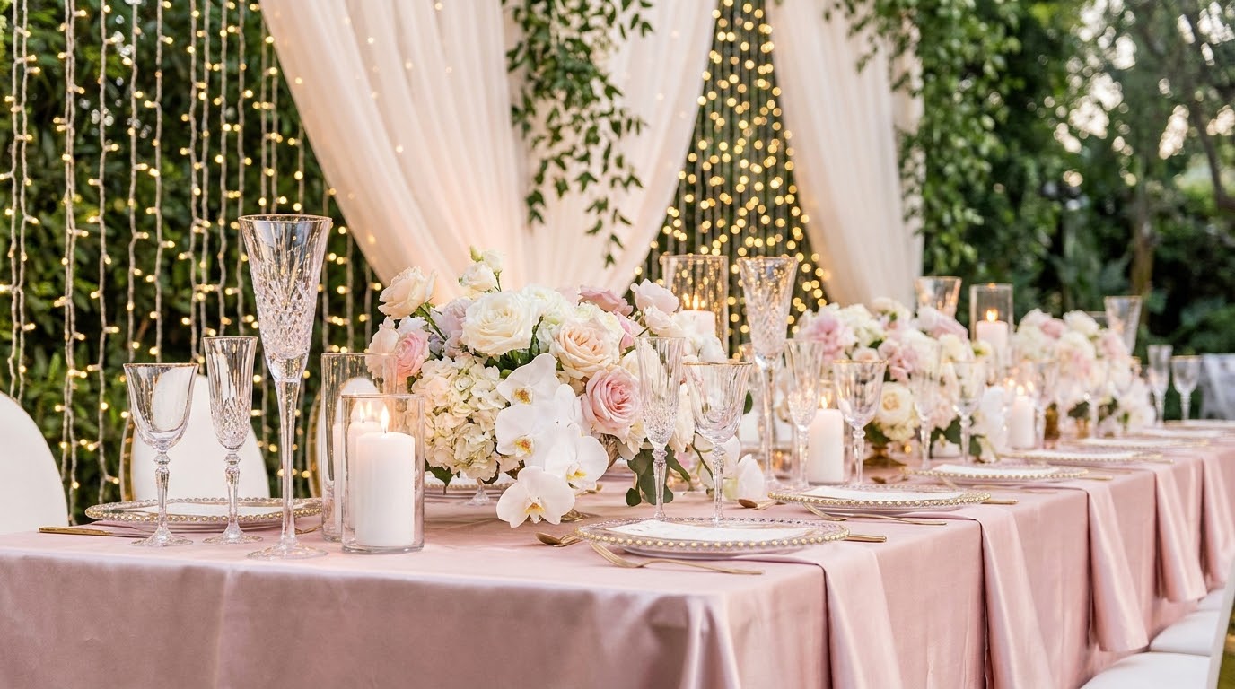 Fairy-lit tablescape with blush linen and crystal glassware